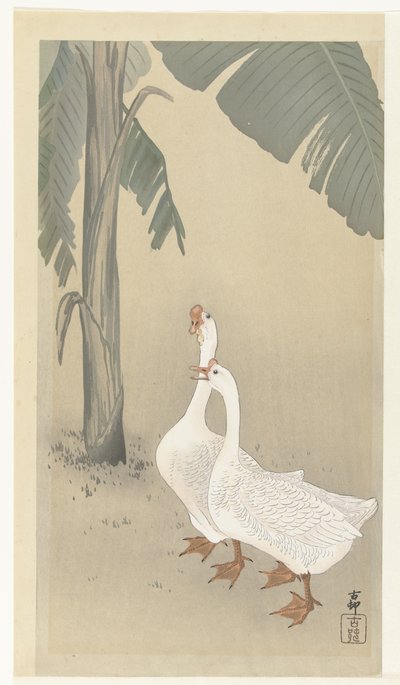 Två gäss vid bananträd av Ohara Koson