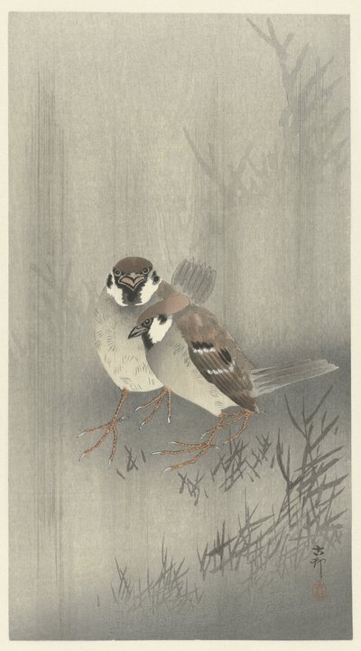 Två trädsparvar i regnet av Ohara Koson