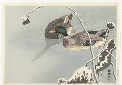 Två gräsänder nära en snötäckt lotusblomma av Ohara Koson
