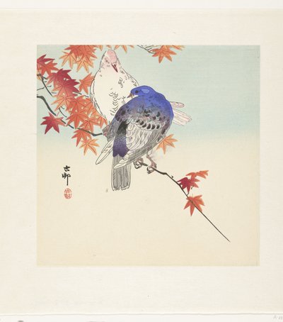 Två duvor på en gren med höstlöv av Ohara Koson