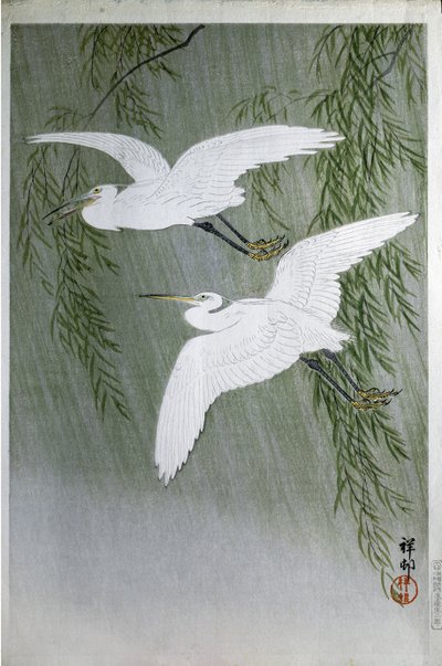 Två hägrar flyger fritt, 1907 (träsnitt i färg) av Ohara Koson