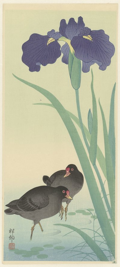 Morhöns och iris. av Ohara Koson