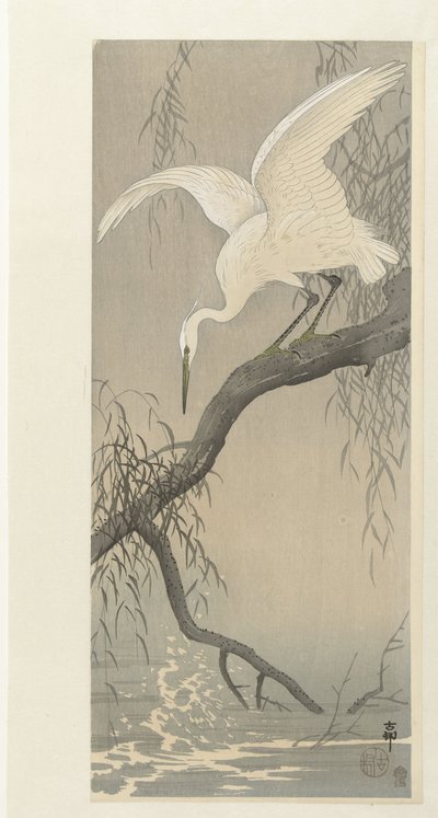 Vit häger på trädgren av Ohara Koson