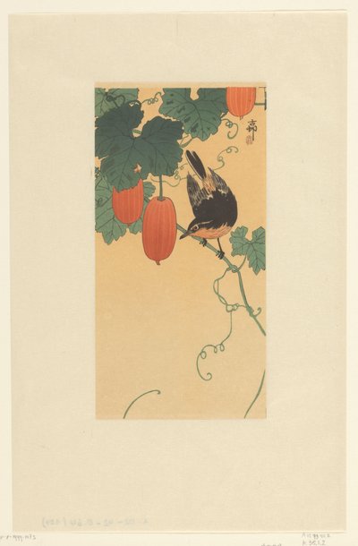 Sångfågel på växt med röda frukter av Ohara Koson