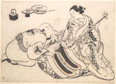 En knäböjande man som lutar sig framåt och lyssnar på en oiran som spelar shamisen av Okumura Masanobu