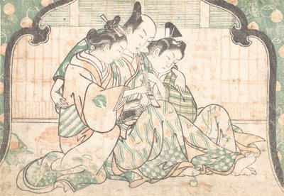 En ung man som sitter mellan två kvinnor, ca. 1749., ca. 1749. av Okumura Masanobu