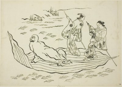 Daruma korsar havet på ett löv, nej. 7 från en serie om 12 tryck av Okumura Masanobu