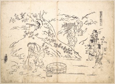 En vedplockare finner en pojke med en sparv av Okumura Masanobu