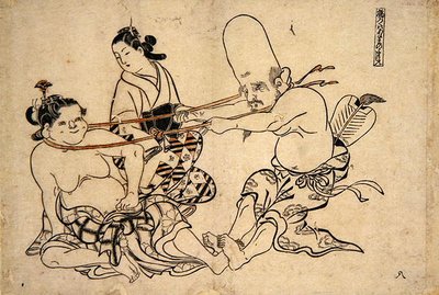 Fukuro Jin försöker lyfta vinschen (träblockstryck) av Okumura Masanobu