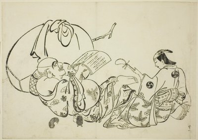 Hotei Reading a Book, nr. 11 från en serie om 12 tryck av Okumura Masanobu