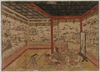 Lady Murasaki på Ishiyama med utsikt över en panorama med åtta vyer över sjön Biwa av Okumura Masanobu