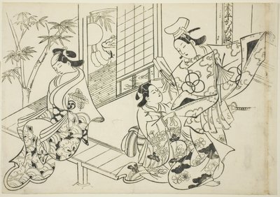 Narihira: The Mirror Scene (Narihira kagami no dan), från serien "Famous Scenes from Japanese Puppet Plays (Yamato irotake)" av Okumura Masanobu