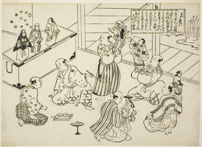 The Dressing Room of a Puppet Theatre, innehållsförteckningen från serien "Famous Scenes from Japanese Puppet Plays (Yamato irotake)" av Okumura Masanobu
