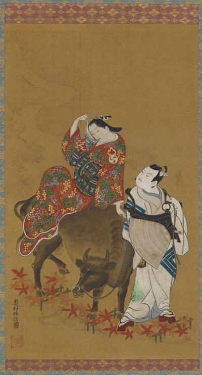 Två kabuki-skådespelare i rollerna som en kurtisan på en vattenbuffel och en resande präst, 1686-1764. av Okumura Masanobu