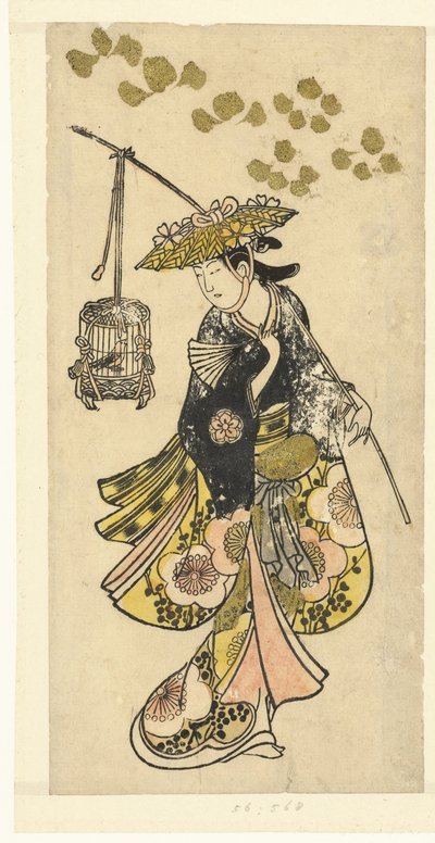 Ung kvinna med fågelbur av Okumura Toshinobu (attributed to)
