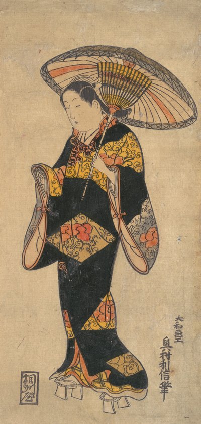 Skådespelaren Sanjo Kantaro i rollen som kurtisan, ca. 1728., ca. 1728. av Okumura Toshinobu