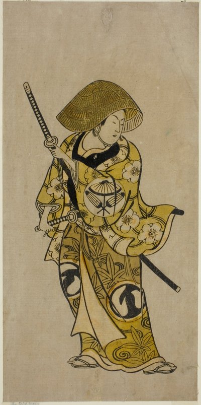 Skådespelaren Sawamura Kamesaburo som Nagoya Kosanza i pjäsen "Keisei Fukubiki Nagoya", uppfördes på Nakamura Theatre under den första månaden, 1731 av Okumura Toshinobu