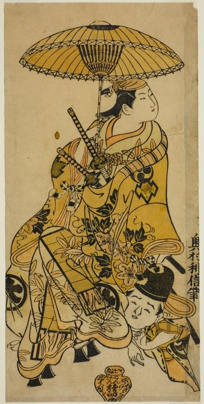 Skådespelarna Nakamura Takesaburo som Shikishi Naishinno och Tsuruya Nanboku som Gengoro i pjäsen "Tategami Teika Kazura", uppträdde på Ichimura Theatre i elfte månaden, 1719 av Okumura Toshinobu