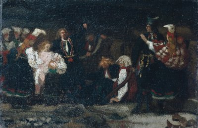 Fight in a Farmyard (olja på duk) av Olaf Isaachsen