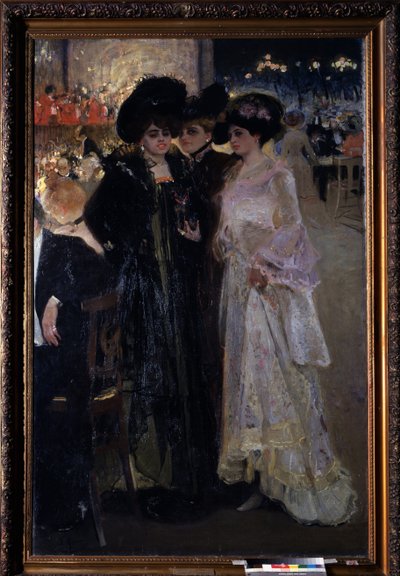 Café i Paris (Frankrike). (Café i Paris). Nattscen, tre kvinnor pratar mitt i en folkmassa vid bordet, i fjärran, en orkester och gatlyktorna i staden. Målning av Alexander Alexandrovich Murashko (Alexander Murashko) (1875-1919), olja på duk av Oleksandr Murashko