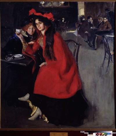 På ett kafé (på ett café). Scen på ett kafé förmodligen i Paris. Målning av Alexander Alexandrovich Murashko (Alexander Murashko) (1875-1919), olja på duk av Oleksandr Murashko