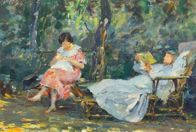 Läsning och stickning i trädgården (olja på panel) av Olga (1881-1941) Slomszynska
