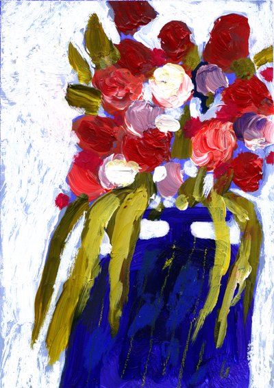 Färgglada blommor i blå vas av Olga Skomorokhova