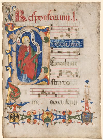 Leaf from an Antiphonary: Historikerad initial P med profeten Samuel; Vapen från familjen Visconti och Olivetanorden av Olivetan Master