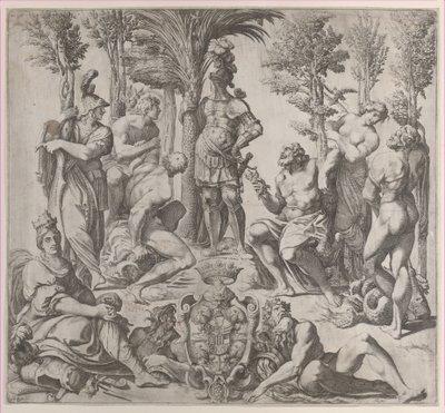 Allegorisk komposition med sex olympiska gudar samlade kring en gestalt i rustning, 1615-35., 1615-35. av Oliviero Gatti