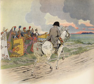 Fantasifull bild av Napoleon på hästryggen som tar emot respekten från Europas soldater av Onfray de Breville Job