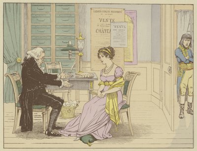 Mäster Raguideau, notarie för änkan Beauharnais säger till henne, omedveten om att han hörs: Du! Gift dig med den här lilla Bonaparte, en soldat som inte har något annat än en udde och svärd., 9 mars 1796 (färg tänd av Onfray de Breville Job