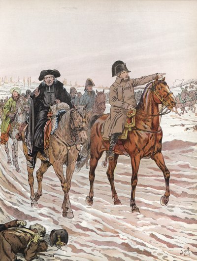 Napoleon, ridande tillsammans med Abbe Henriot, 1814 av Onfray de Breville Job