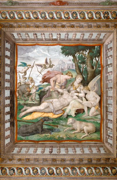 Adonis död från taket i Adonis rum, Rocca dei Rossi, San Secondo, Parma, Italien, detalj av 2384731 av Orazio (attr.to) Samacchini