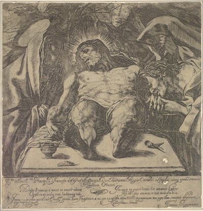 Klagoång över Kristi kropp av de tre Mariana, en burk med salva på bordet till ..., 1615. av Orazio Borgianni