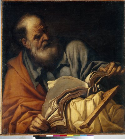 Sankt Thomas, apostel. (Aposteln Sankt Thomas). Målning av Orazio Borgianni (1578-1616), olja på duk, italiensk konst (Rom) av Orazio Borgianni