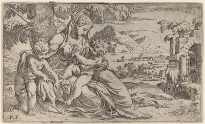 Madonna och barn med Johannes Döparen av Orazio Farinati after Paolo Farinati