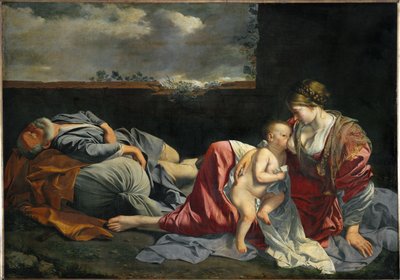 Den heliga familjen i vila under flykten till Egypten... av Orazio Gentileschi