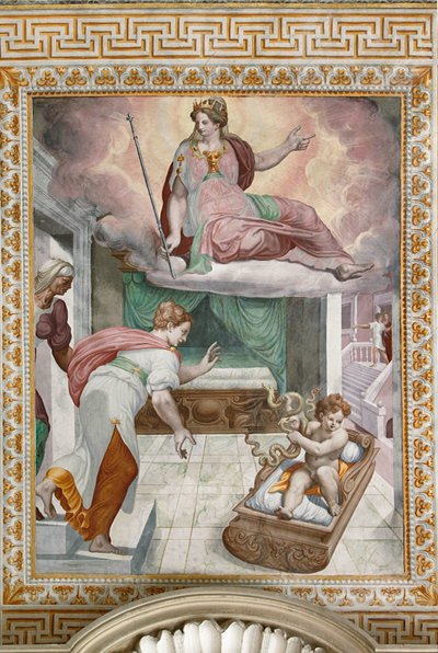 Nyfödda Hercules slåss mot ormarna som skickats av Hera, under blick av sin mamma Alcmene, detalj från berättelserna om Hercules av Orazio Samacchini
