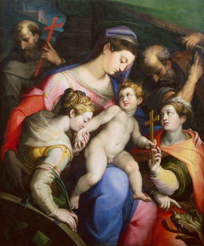 Den heliga familjen med de heliga Margareta, Catherine och Franciskus (olja) av Orazio Samacchini
