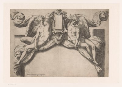Design för en dörrkarm med två genii som håller upp kartusch av Orazio de Santis (attributed to)
