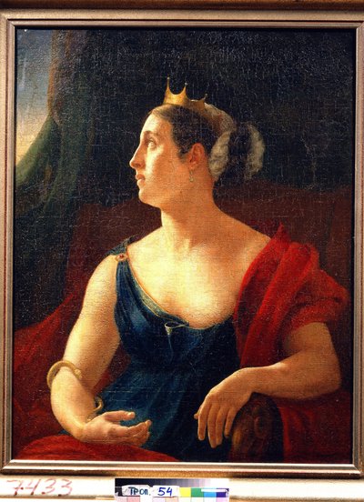 Porträtt av skådespelerskan Ekaterina Semyonova (1786-1849), i rollen som Klytemnestra, för pjäsen Iphigenia a Aulis av Euripides. (Porträtt av skådespelerskan E. Semyonova, som Klytemnestra i Euripides teaterpjäs Iphigeneia på Aulis). Måla av Orest Adamovich Kiprensky