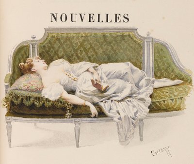 Halvtitel för Nouvelles av Alfred de Musset, 1887. av Oreste Cortazzo