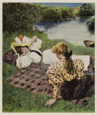Två unga kvinnor kopplar av på en flodstrand och diskuterar att vara kär (färg litho) av Oscar Bluhm