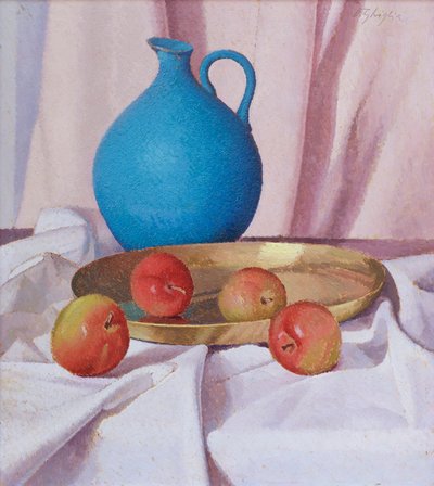 Komposition med äpplen och kanna, ca 1940-41 (olja på kartong) av Oscar Ghiglia