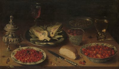 Stilleben med kronärtskocka, frukt i Kraak porslinsgods, en saltkällare/pepparrulle av Osias Beert (I)