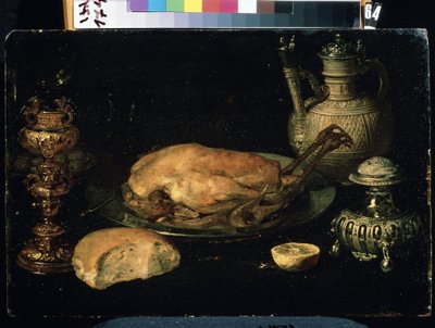 ""Stilleben av kyckling, citron, bröd, bestick och oljelampa"" (stilleben) Målning av Osias Beert den äldre (1580-1624) Mikhail Kroshitskys konstmuseum från 1600-talet, Sevastopol (Sevastopol) Ukraina av Osias the Elder Beert