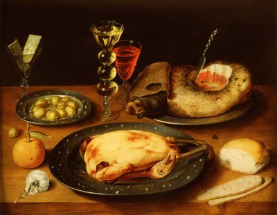 Stekt kyckling, skinka och oliver på en tennplatta (olja på panel) av Osias the Elder Beert