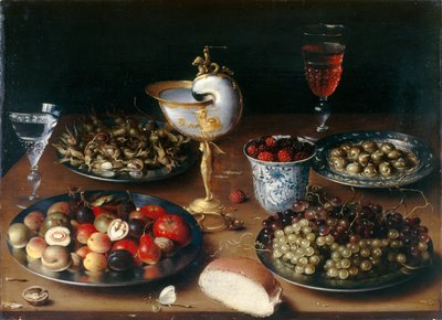 Stilleben med Nautilusbägare, frukt, nötter och vin, ca 1610 (olja på ekpanel) av Osias the Elder Beert
