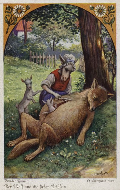 Scen från Vargen och de sju unga barnen, av bröderna Grimm av Oskar Herrfurth