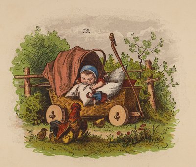 Barn i barnvagn (färglitografi) av Oskar Pletsch